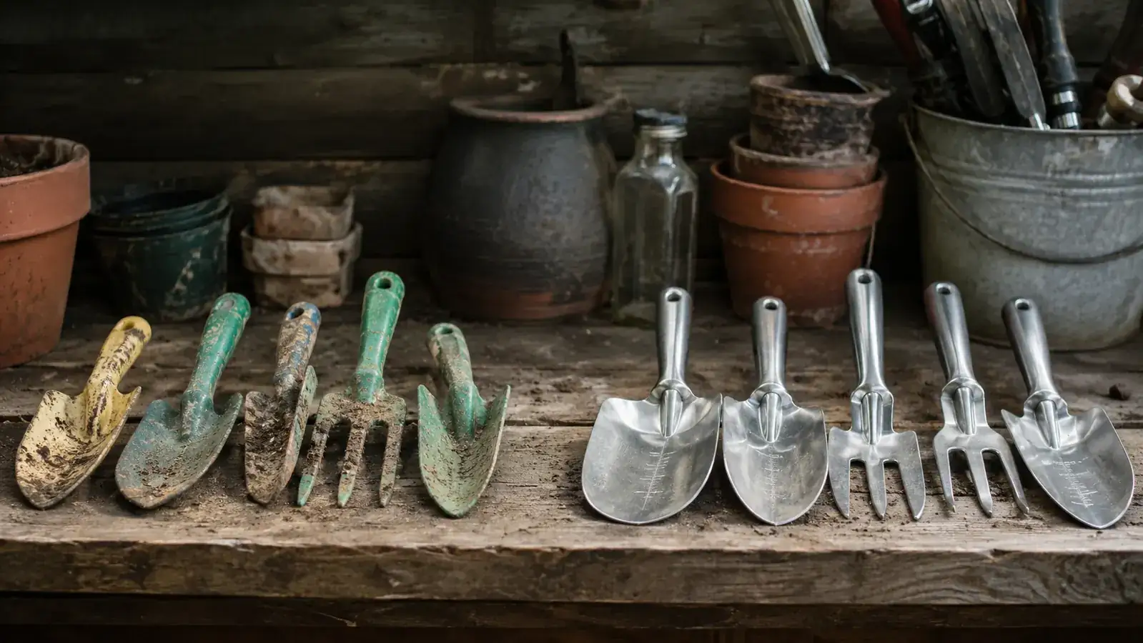 Broken plastic trowel handle next to an intact aluminum trowel on a potting bench