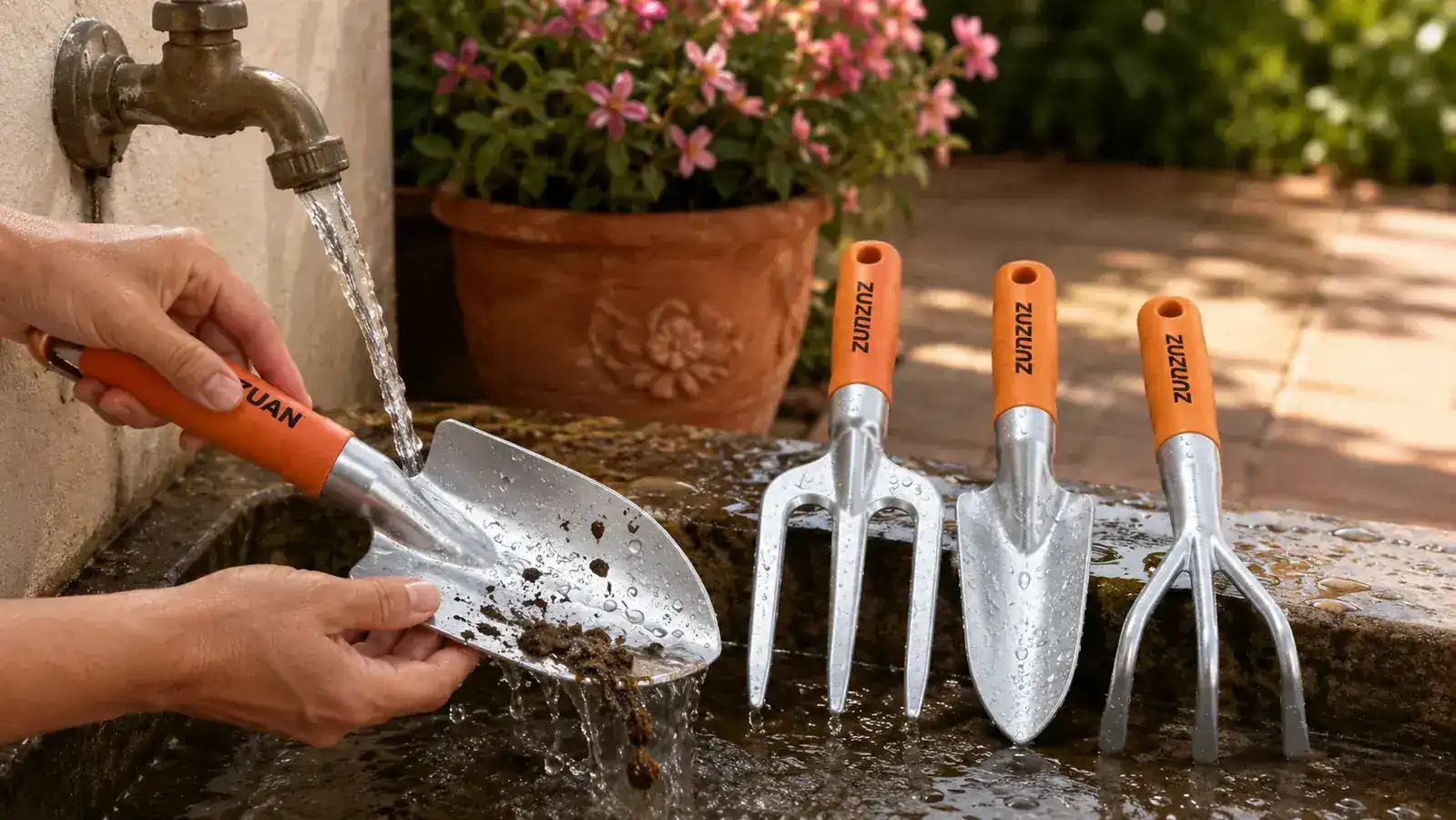 Aluminum cultivator loosening soil around seedlings in a vegetable garden