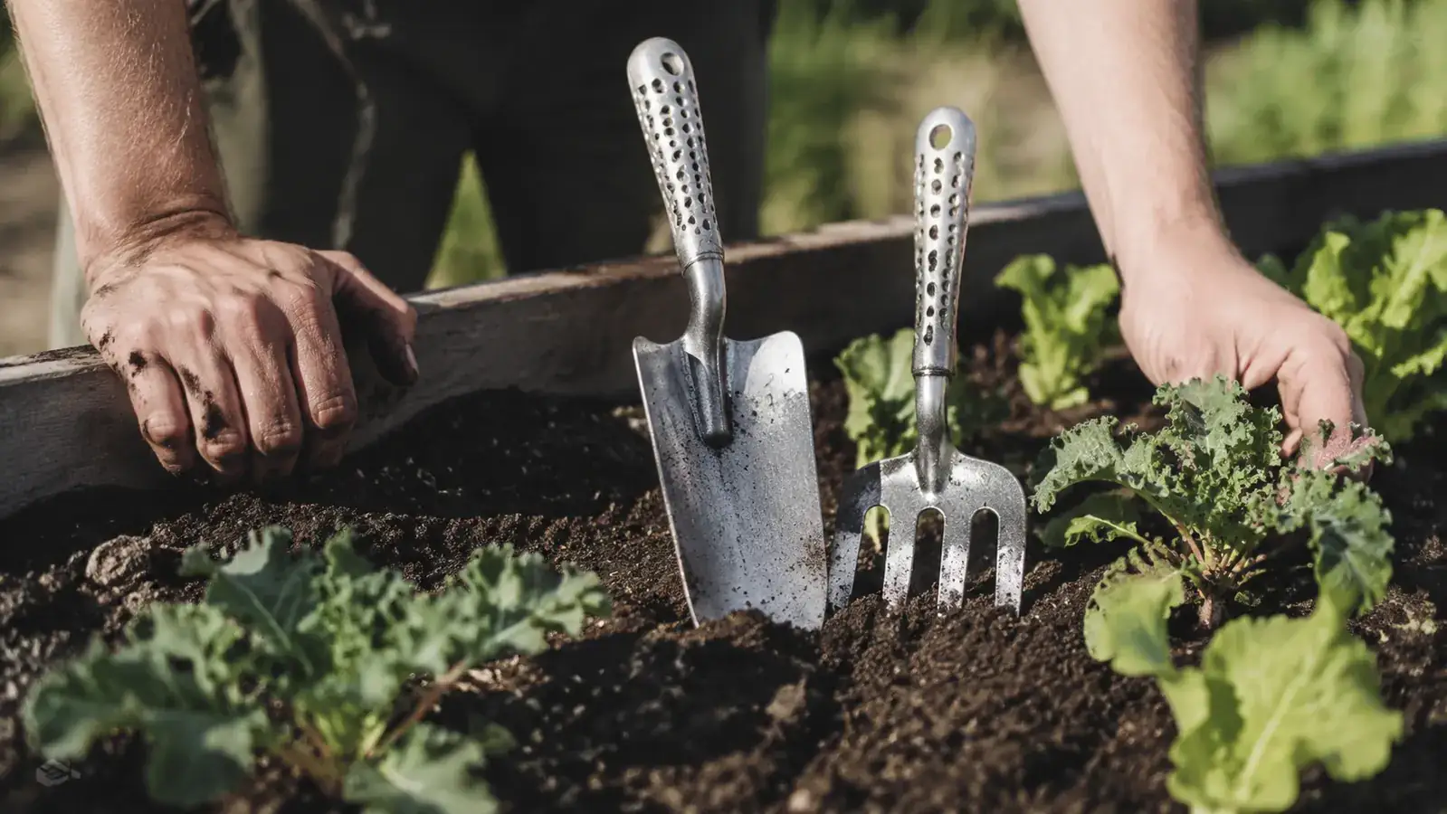 Three aluminum garden hand tools laid out on weathered wood beside a raised garden bed
