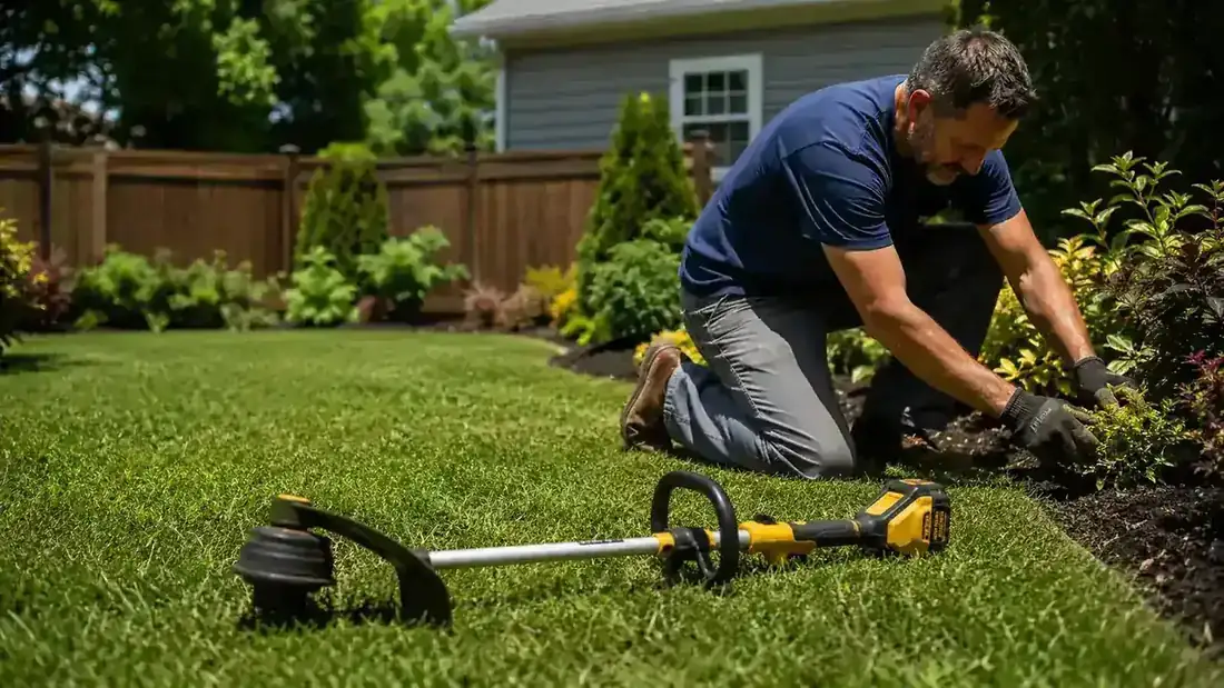 Woman trimming lawn edges along a brick garden border on a sunny morning