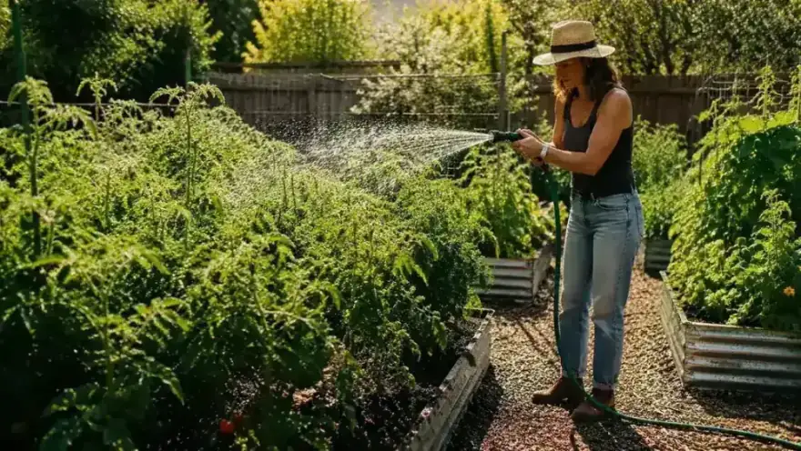 Woman watering raised vegetable beds with a lightweight expandable garden hose on a sunny morning