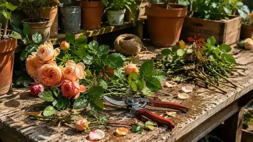 Woman in a sunny backyard garden using bypass pruning shears to trim a rose cane, greenery and clay pots in the background