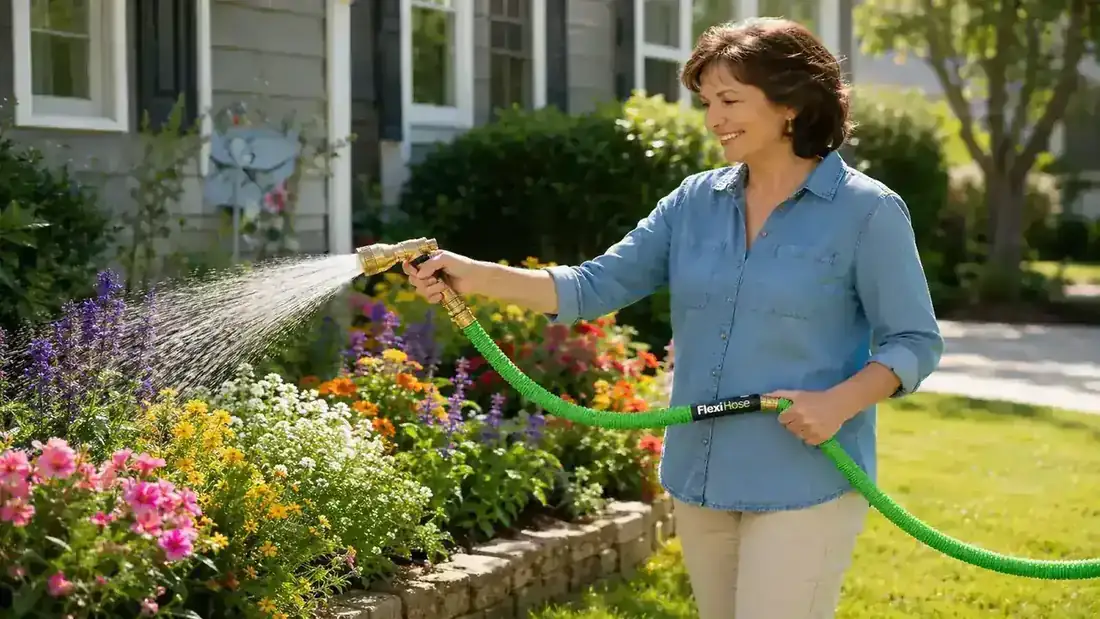 Expandable garden hose coiled in one hand next to a traditional heavy rubber hose on grass