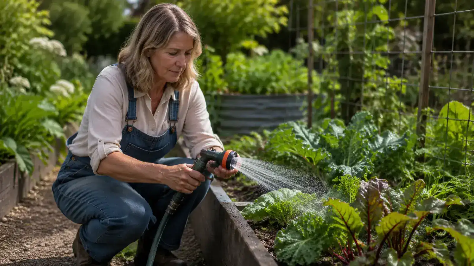 Woman looking frustrated at a tangled kink in a garden hose near a fence corner
