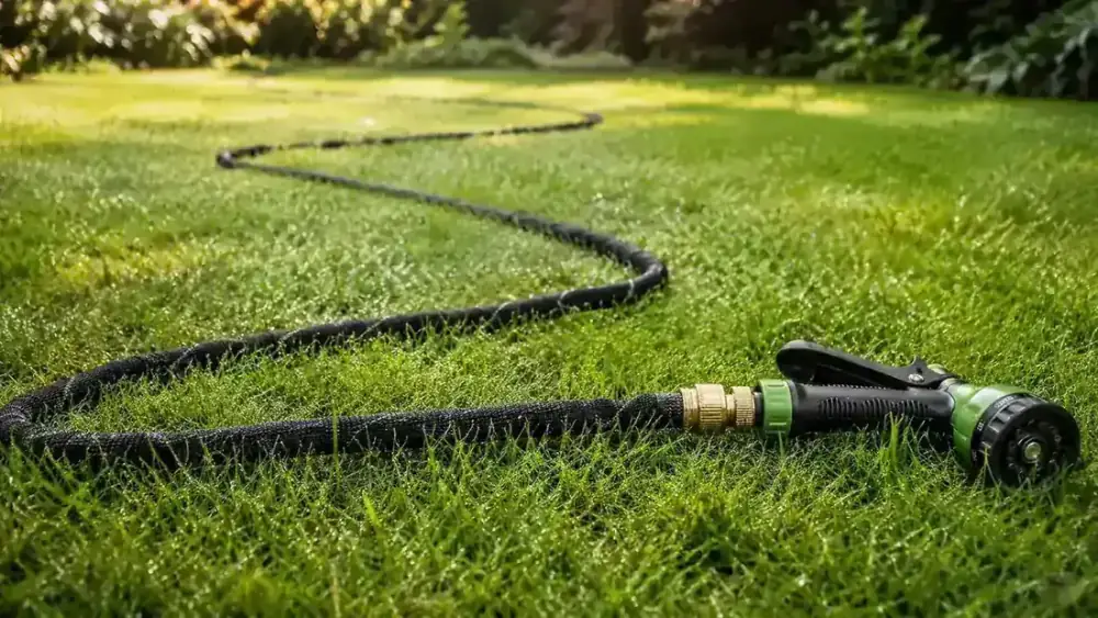Expandable garden hose laid out on a sunny backyard lawn next to a garden bed, partially expanded