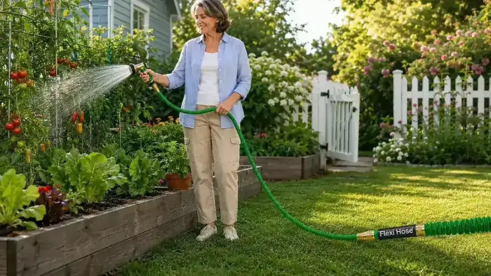 Woman's hand connecting the Flexi Hose brass fitting to an outdoor spigot on a wood fence