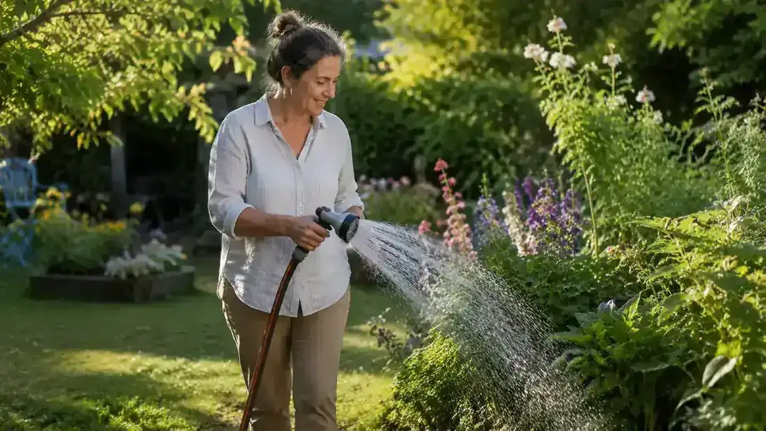 Gardener watering a raised vegetable bed with an expandable hose and spray nozzle on a sunny afternoon