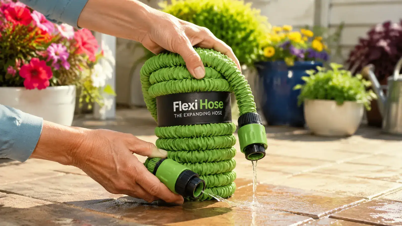 Flexi Hose hanging on a wall-mounted bracket in a garage, fully contracted and compact