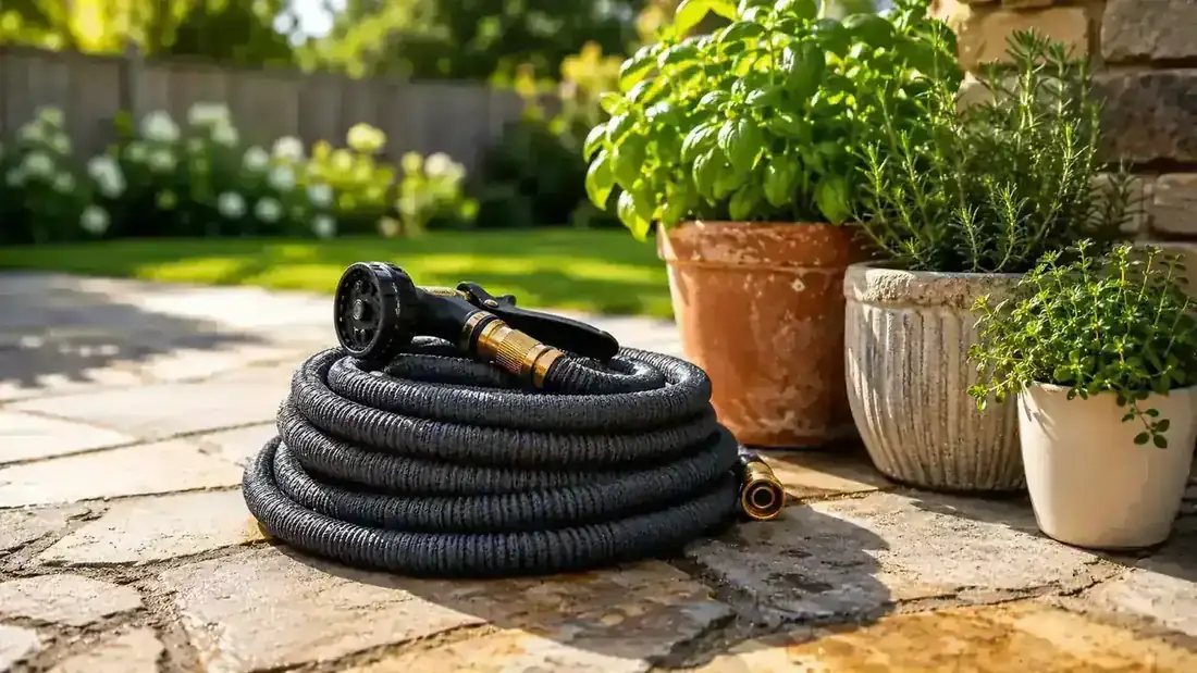 Compact lime-green expandable garden hose coiled neatly on a brick patio beside a terracotta pot and summer flowers