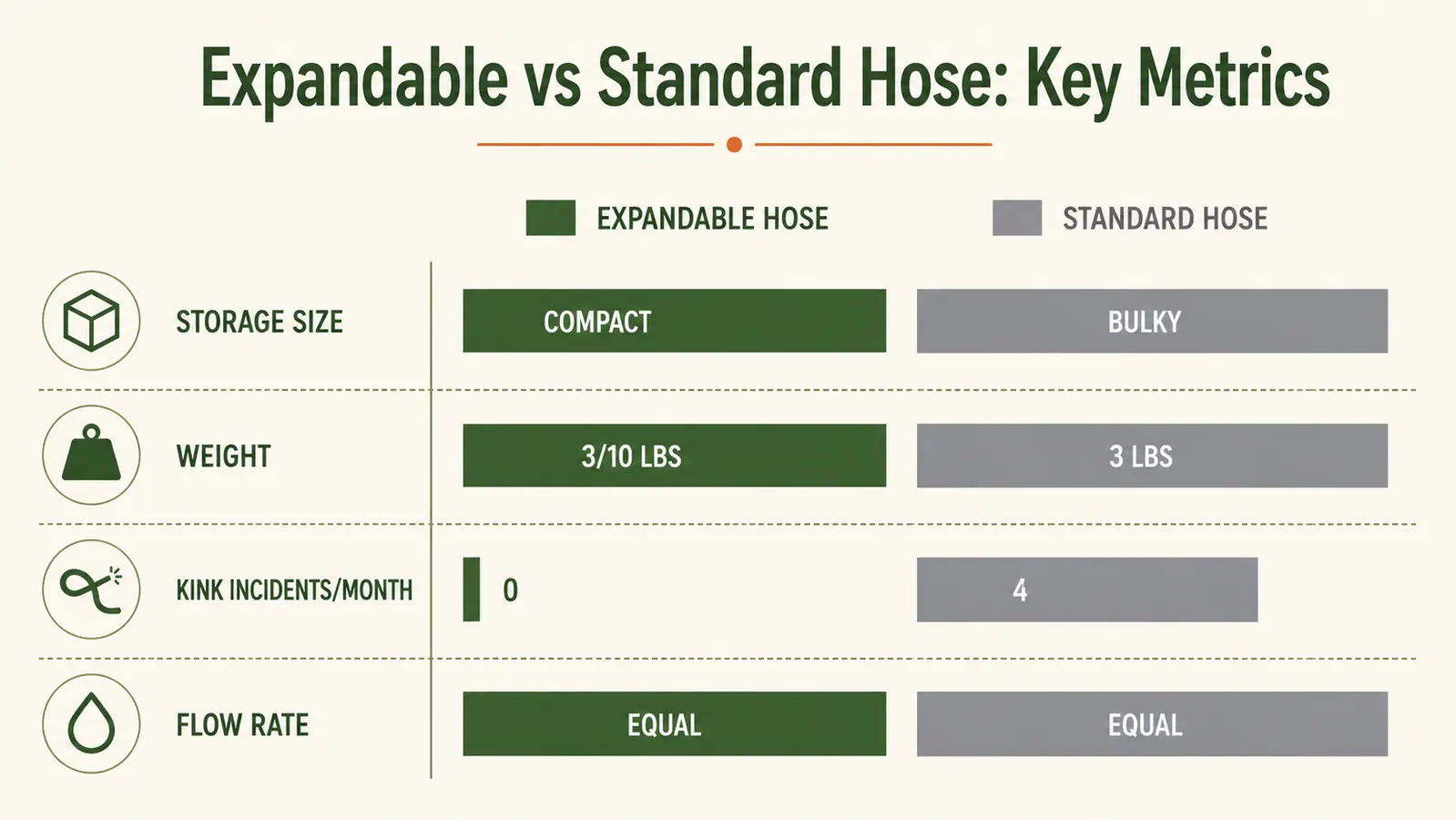 Comparison chart showing expandable hose weight versus standard rubber hose weight, storage size, and pressure range