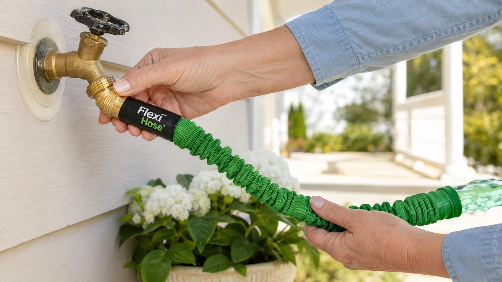 Flexi Hose nozzle watering raised vegetable beds with a fine mist setting