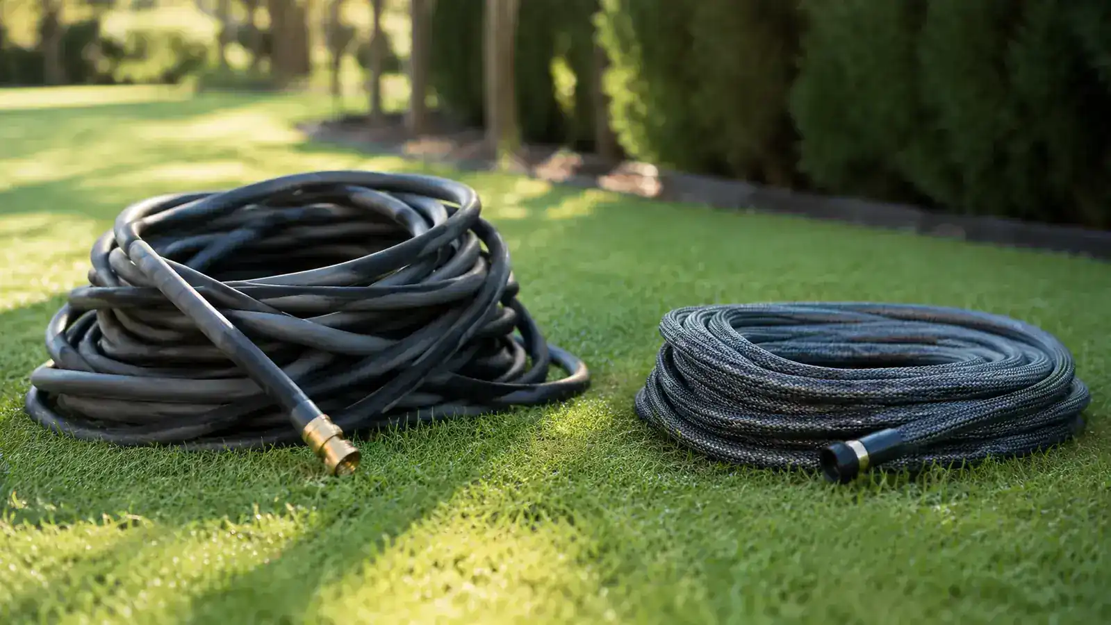 Two garden hoses side by side on a lawn, one coiled rubber hose and one compact collapsed expandable hose