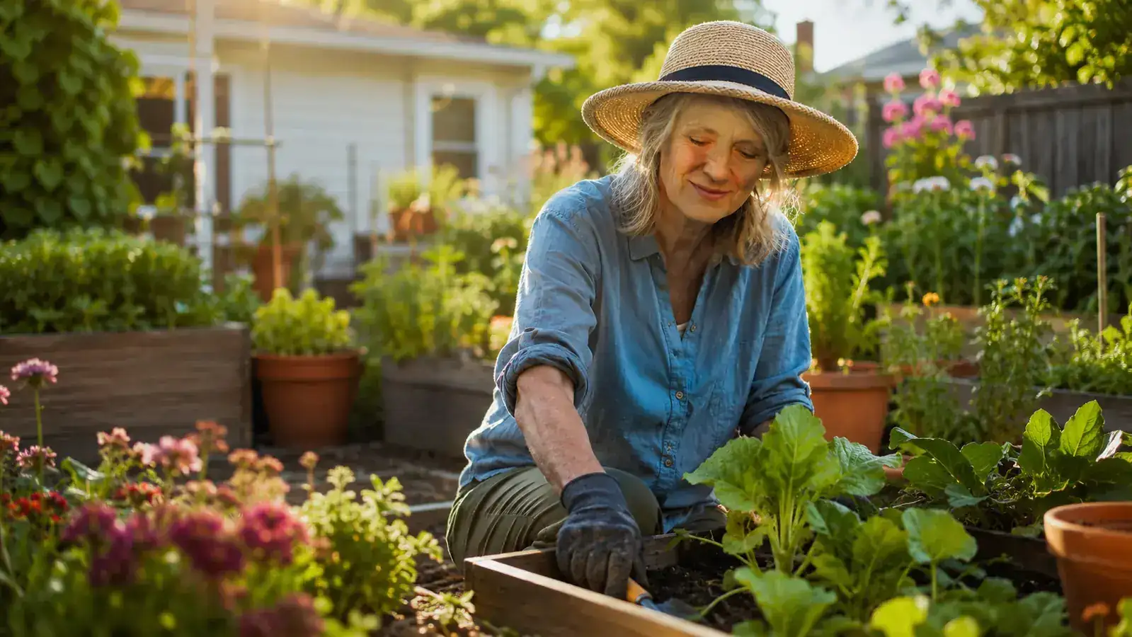 A lush backyard garden with raised beds and garden tools at hand, warm late-afternoon light, lived-in and well-tended