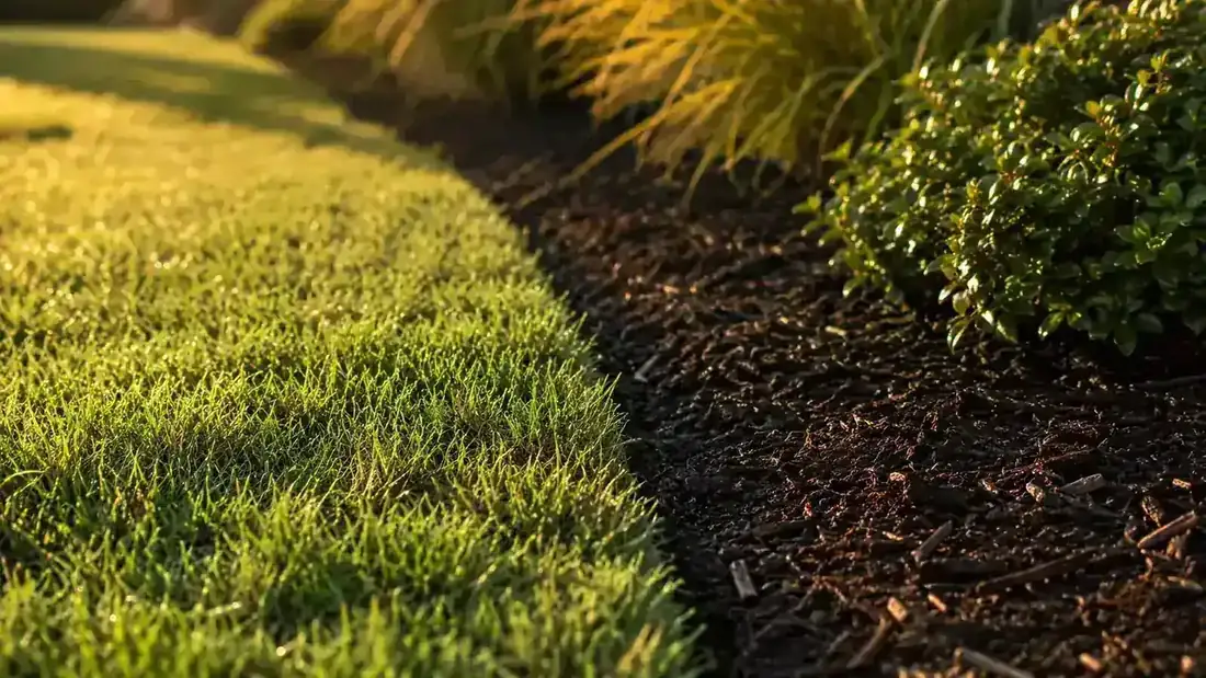 Person edging a lawn border along a concrete sidewalk on a sunny morning, with a crisp green grass line