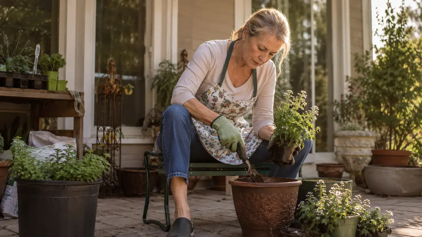Garden kneeler flipped upside down and used as a bench seat, with gardener sitting while working in the garden