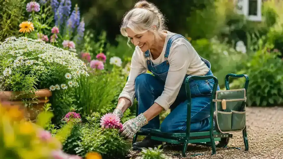 Gardener kneeling comfortably in a flower bed using a padded garden kneeler with support handles, morning light filtering through trees