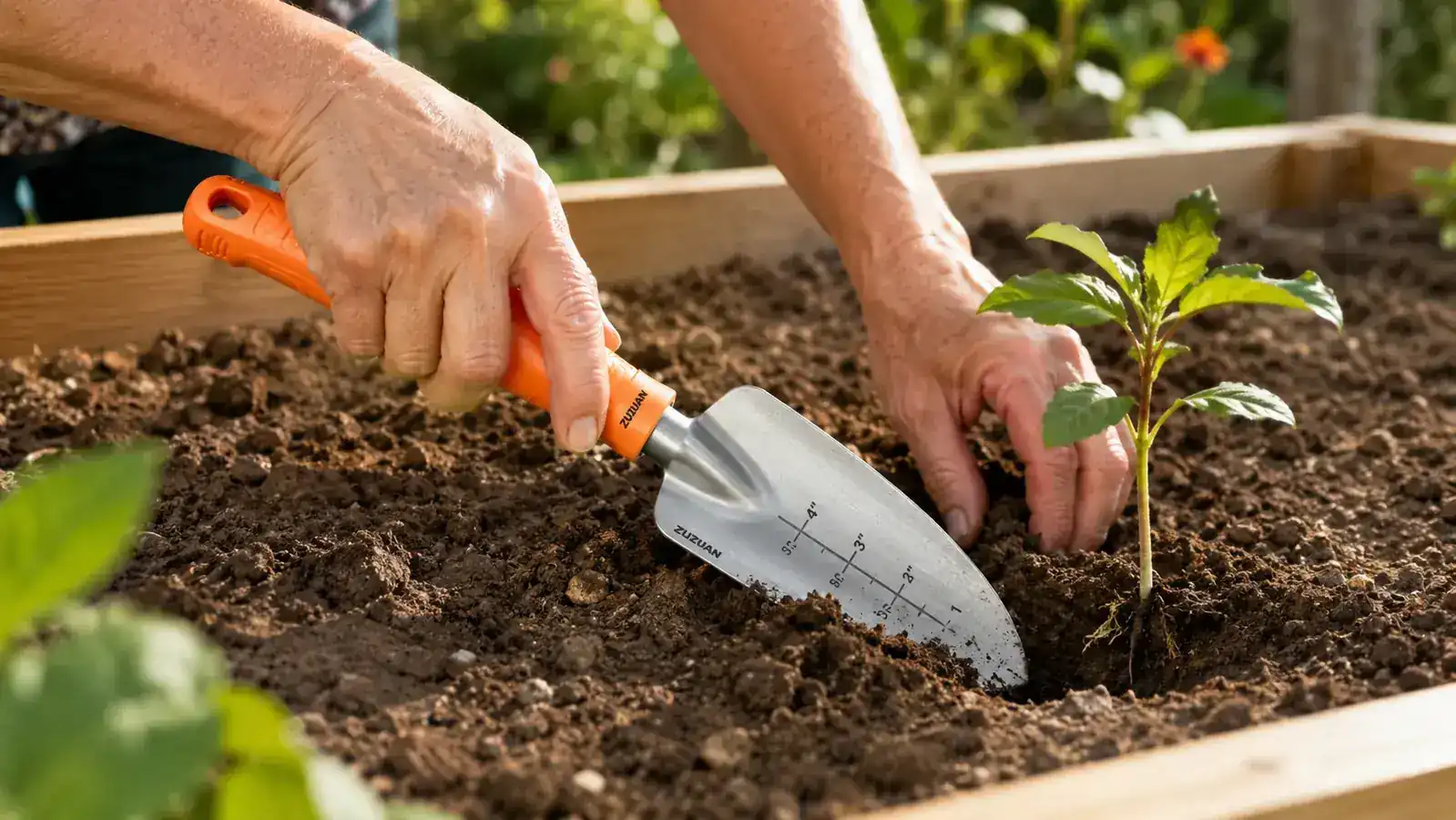 Close-up of aluminum garden trowel blade pressed into clay soil at an angle to open a planting hole