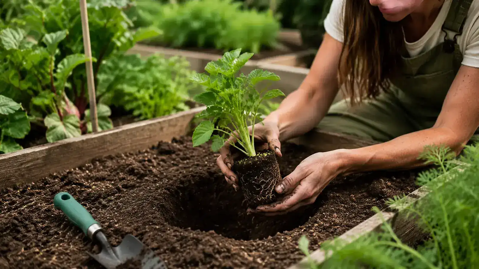 Tidy raised garden bed with freshly planted rows and a hand trowel resting on the wooden frame