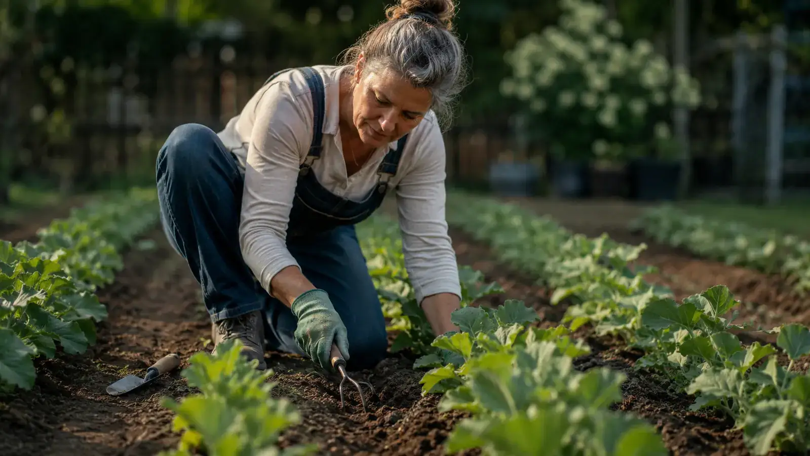 Gardener kneeling in a raised bed planting seedlings with a hand trowel on a sunny morning