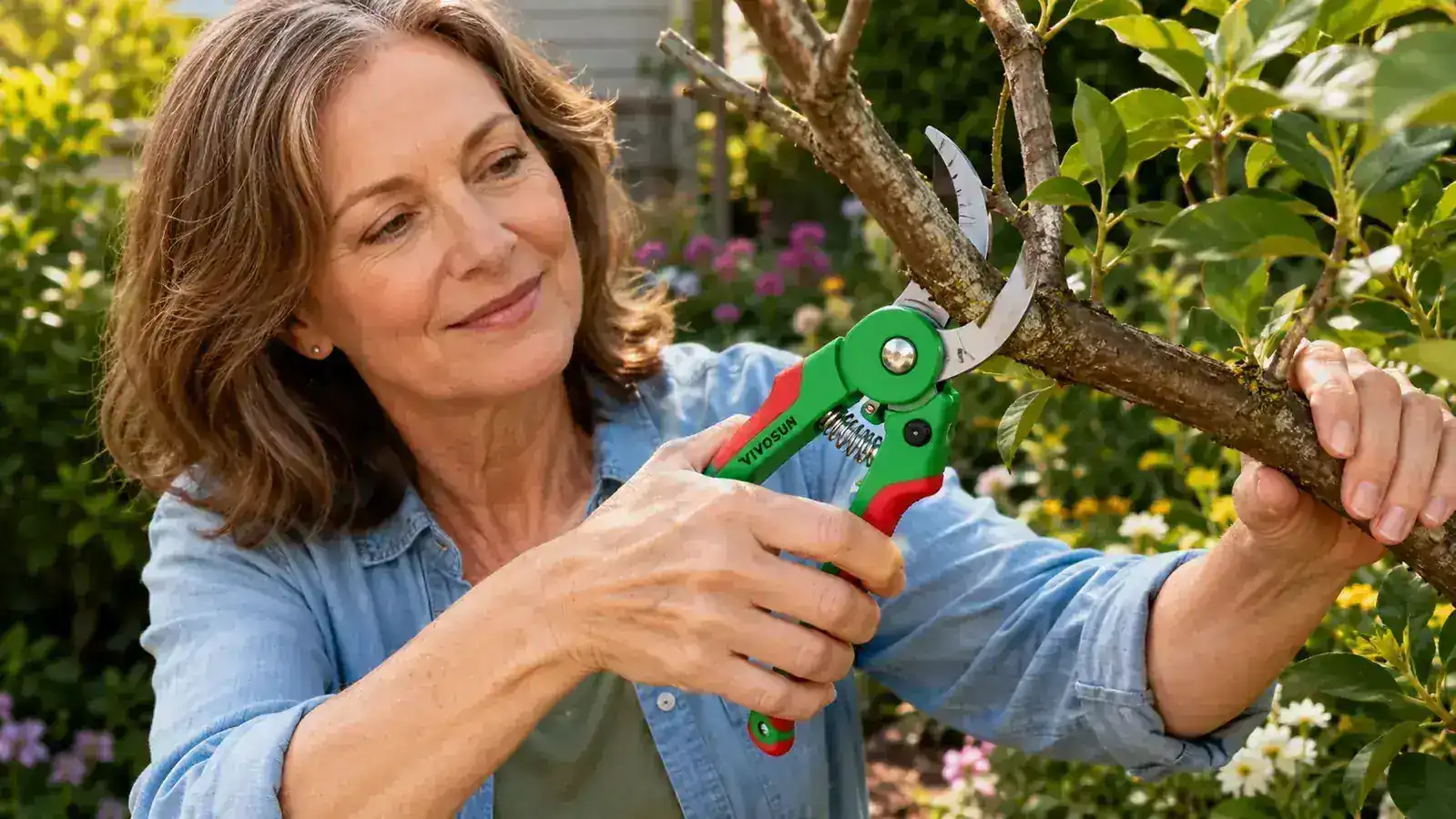 Close-up of a hand gripping red bypass pruning shears, blade positioned just above a leaf node on a green shrub stem at a 45-degree angle