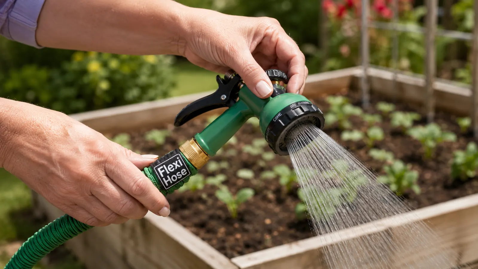 Expandable garden hose coiled neatly near a garden bed after use, compact and tangle-free