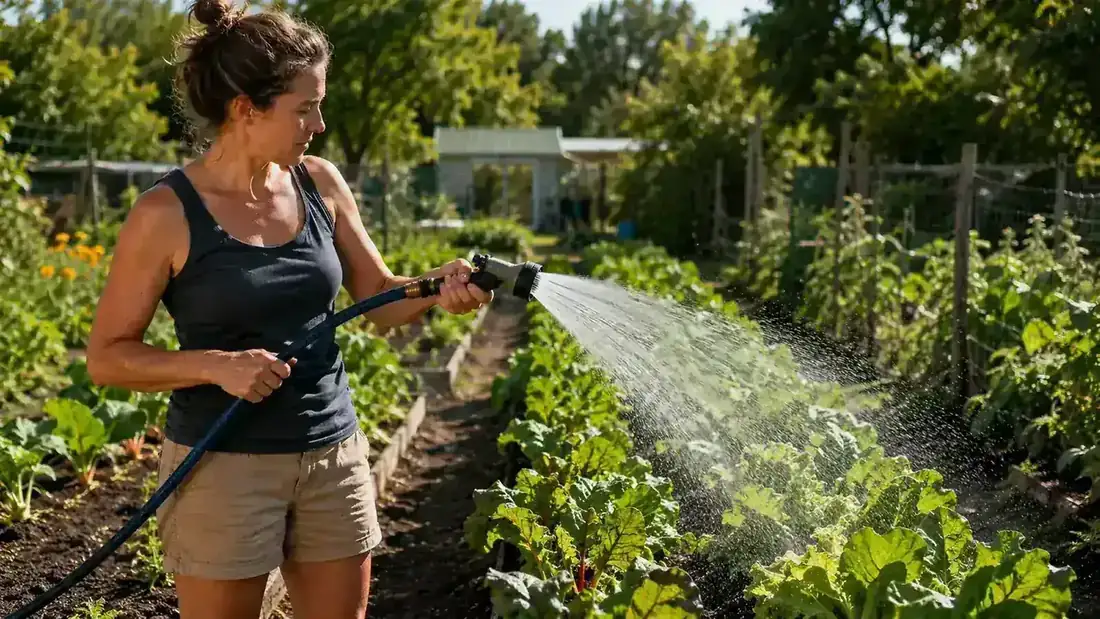 Woman watering a raised vegetable bed with a lightweight expandable hose on a sunny morning