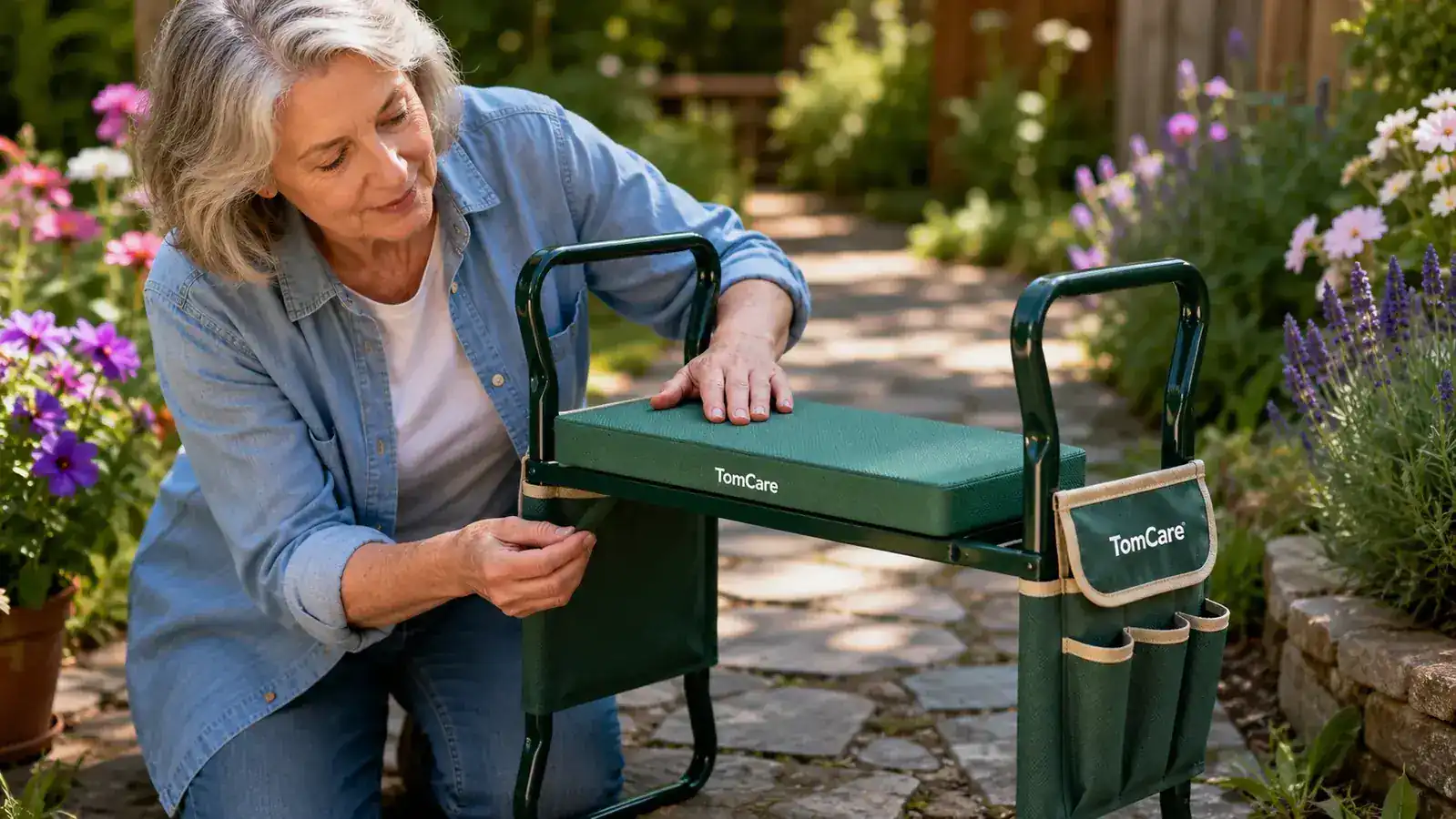 Hands pressing down on the support handles of a TomCare garden kneeler to push up from a kneeling position on a garden path