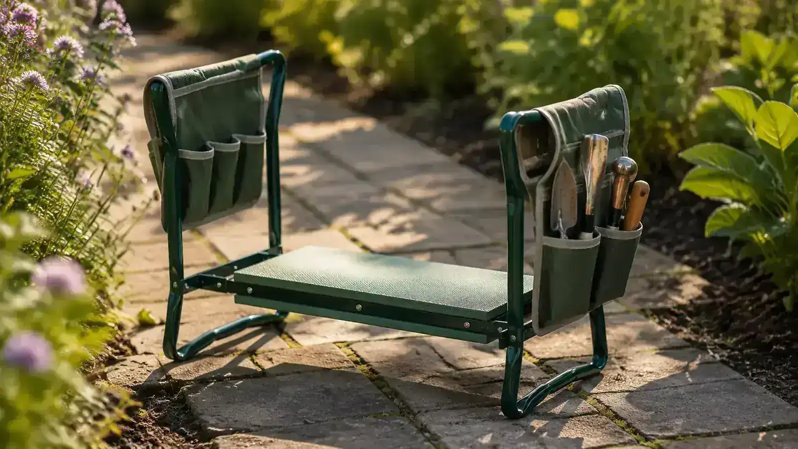 Close-up of a garden kneeler seat sitting in the soil between two raised garden beds, tool pouches filled with a hand trowel and weeder