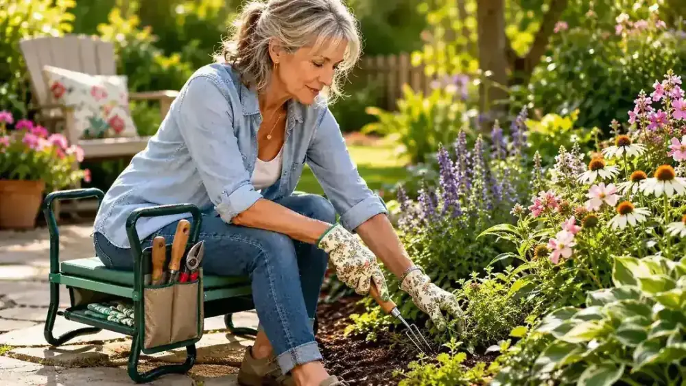 Woman using the TomCare kneeler as a seat bench while potting plants at a low garden table, support handles visible on either side