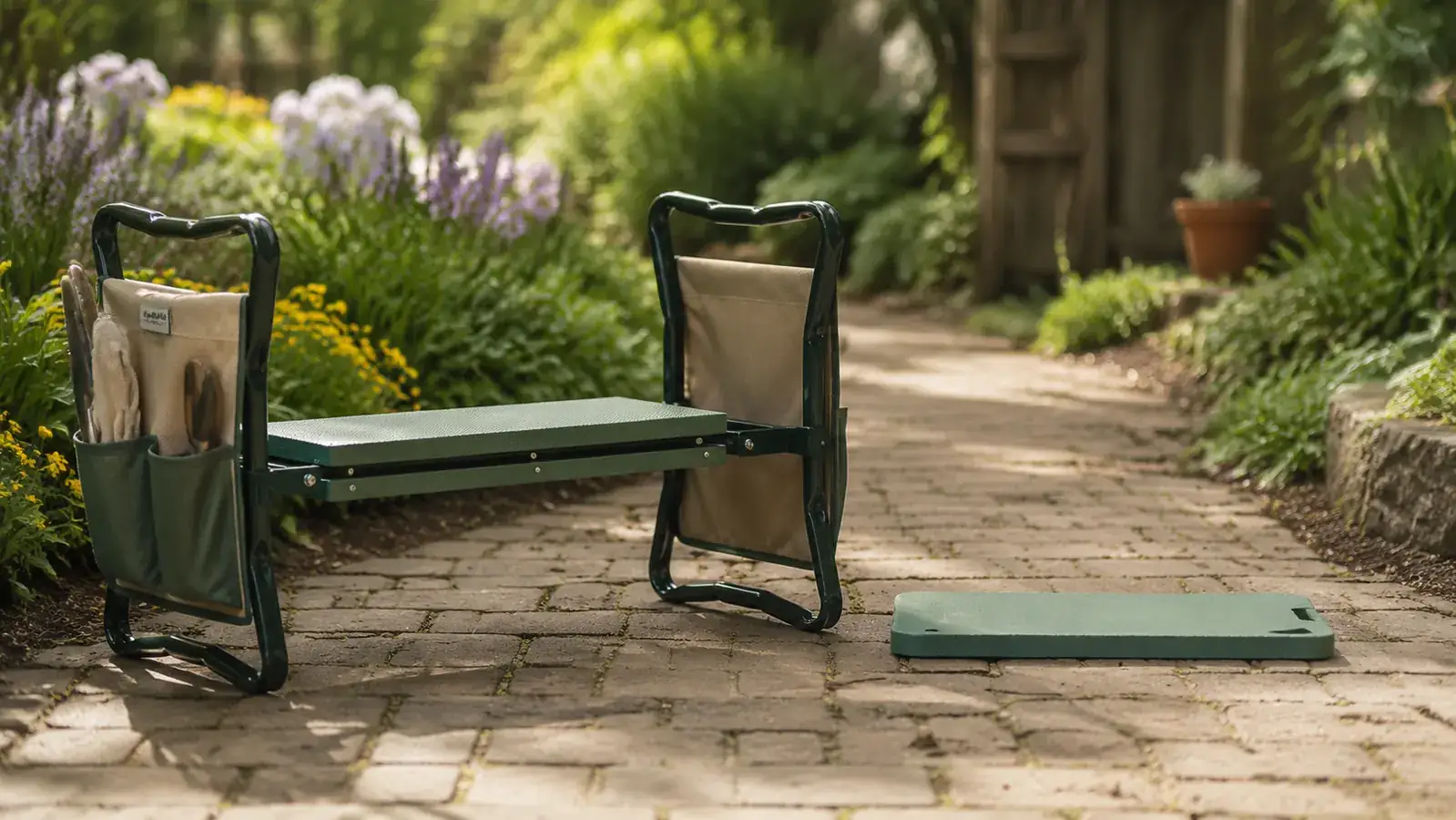 Woman kneeling in a garden bed using a padded kneeler seat with side handles, surrounded by planted rows
