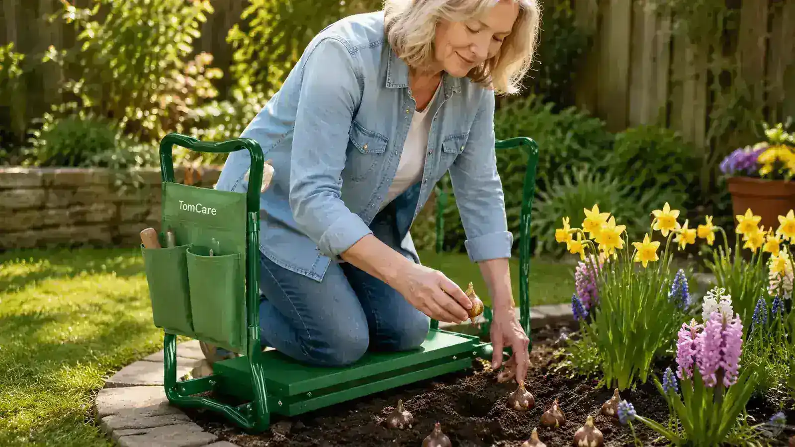 The TomCare garden kneeler and seat folded upright as a bench with the support handles visible, sitting next to a garden bed