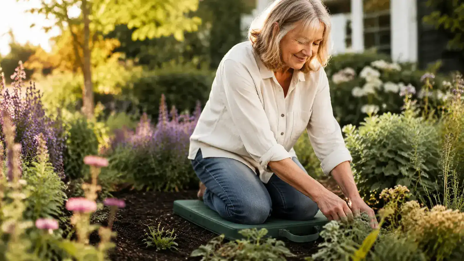 A woman in gardening gloves kneeling comfortably in a raised garden bed on a sunny morning, looking relaxed rather than strained