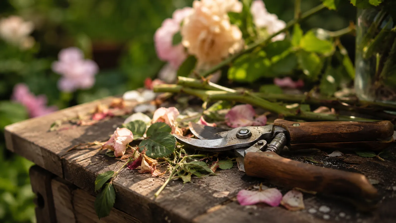 Red-handled bypass pruning shears resting on a weathered wooden fence rail in a backyard garden