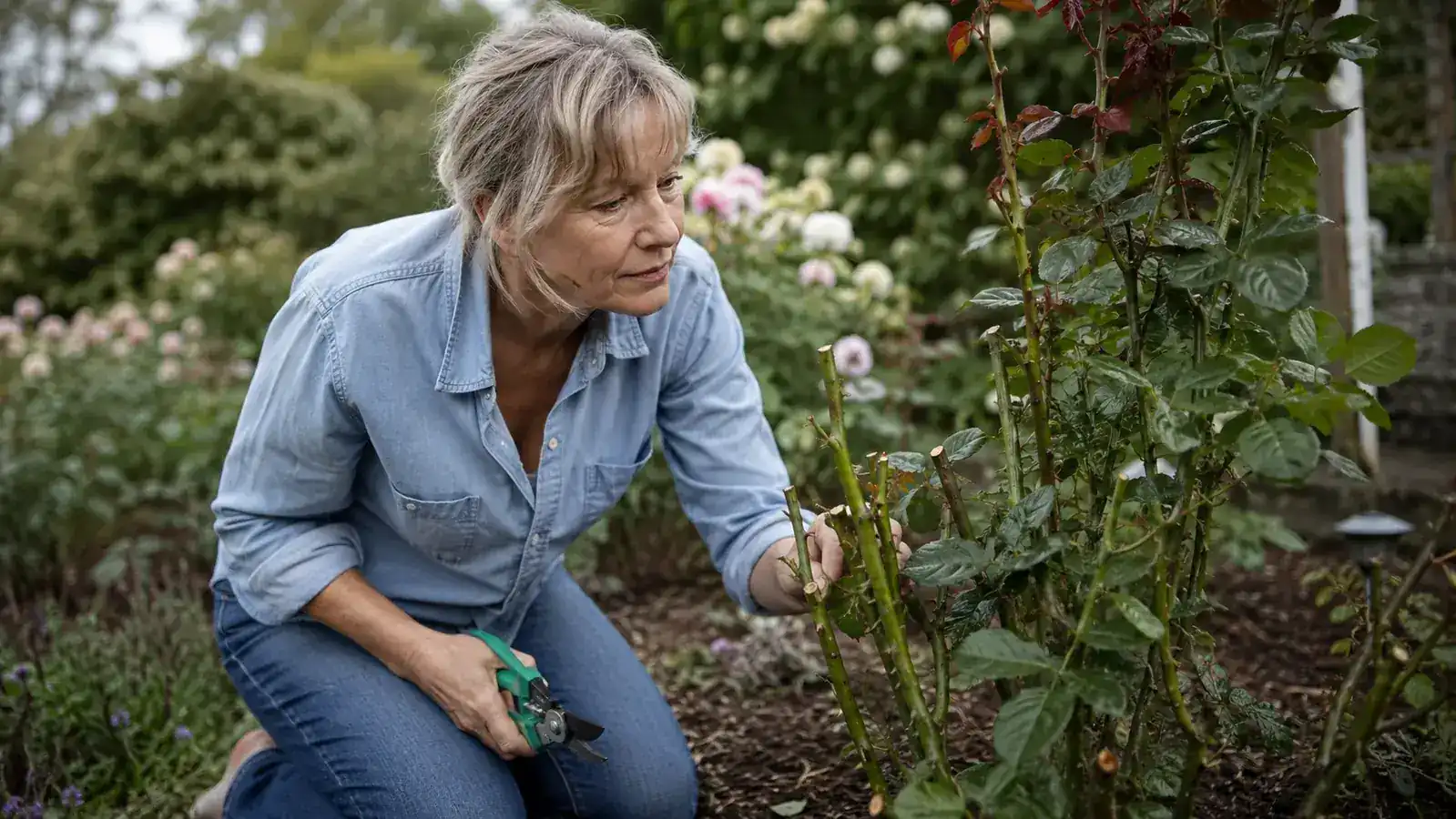 Woman in garden gloves holding red-handled pruning shears near a rose bush on a sunny morning