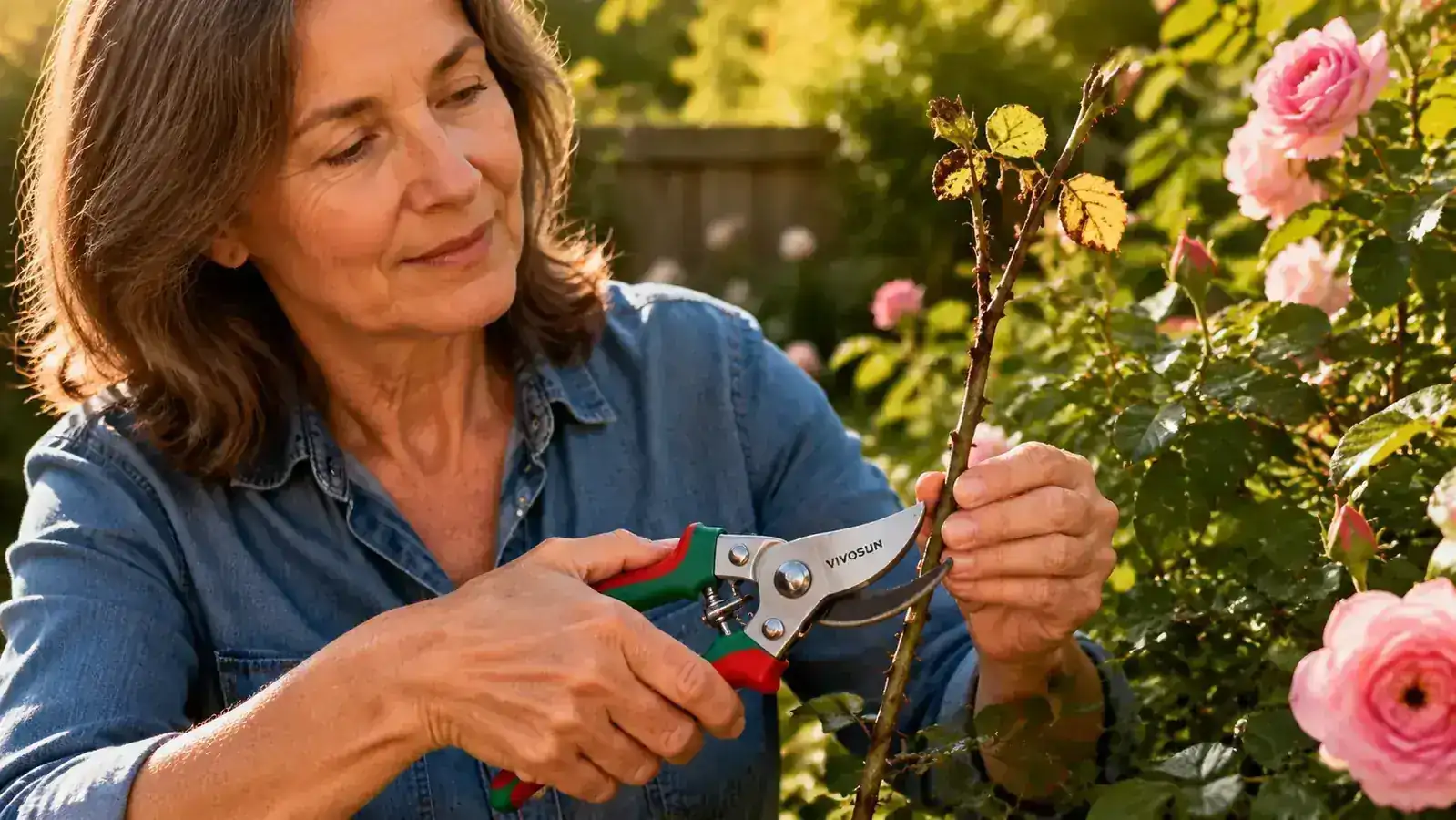 Close-up of a hand using bypass pruning shears to make a clean cut on a rose cane