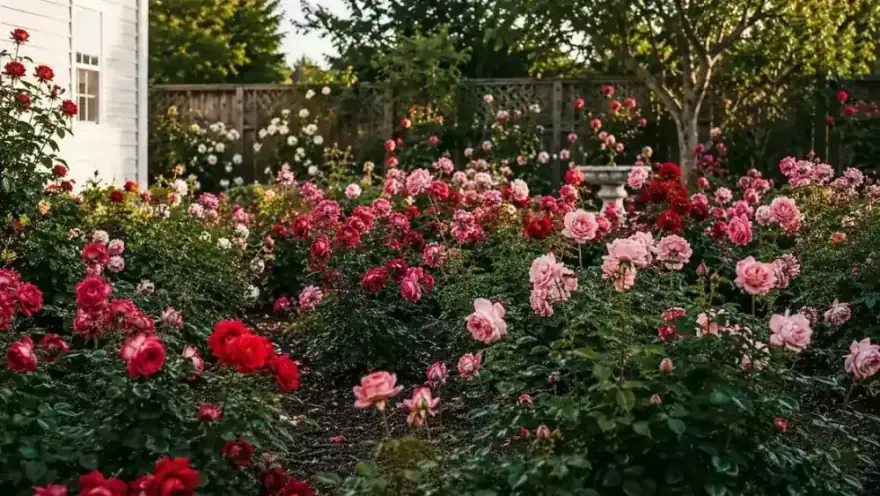 Healthy blooming rose bushes along a sunny garden fence in a home backyard