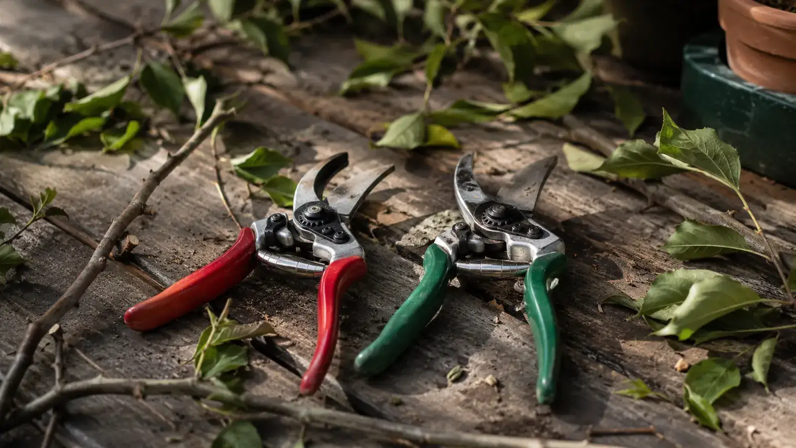 Two bypass pruners resting on a wooden garden bench next to a pile of freshly cut rose canes