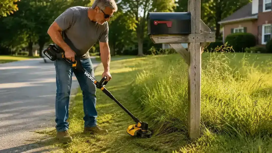 Close-up of WORX 20V trimmer being held at waist height, battery compartment and spool head clearly visible