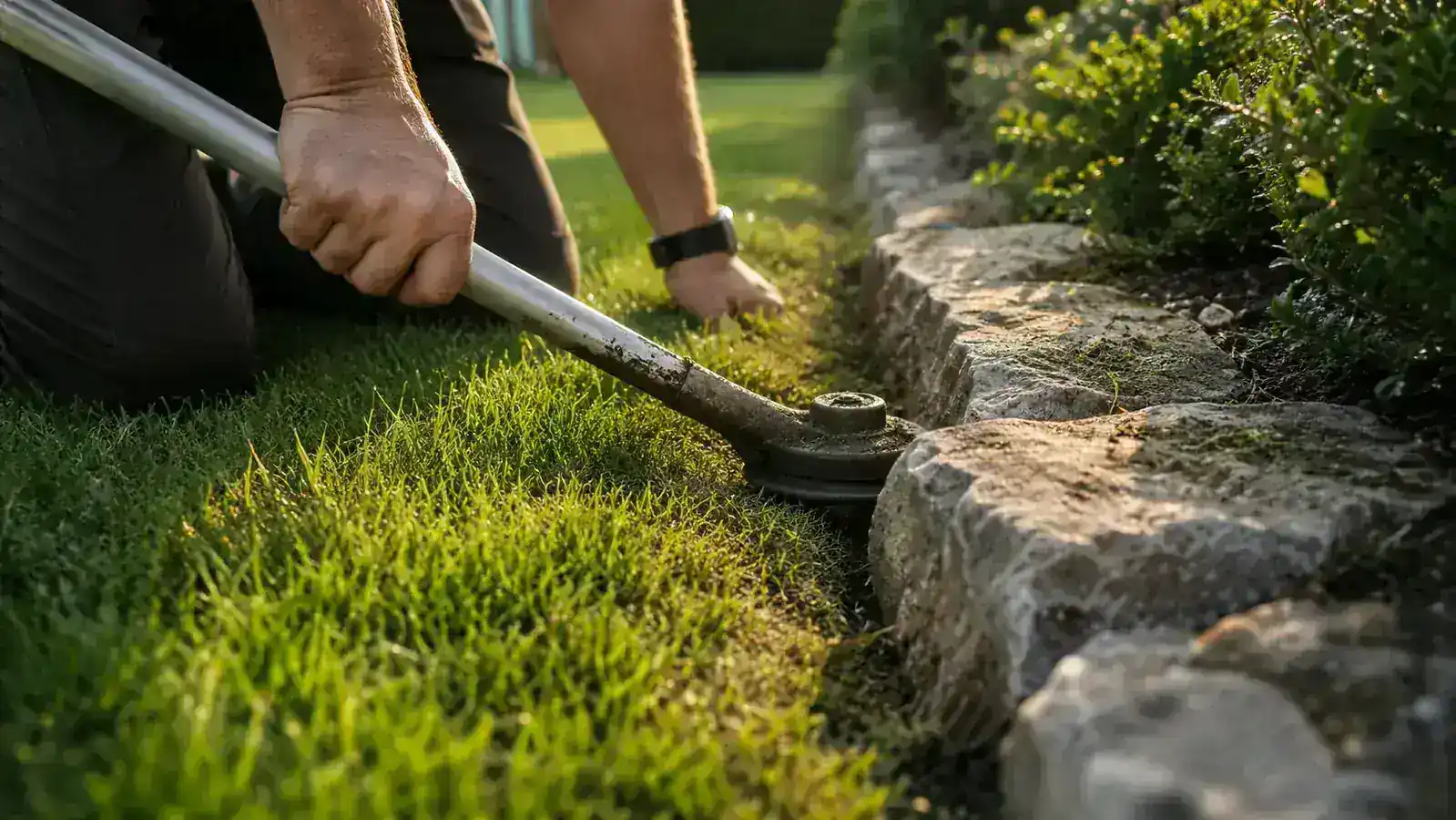 Neatly edged lawn border between grass and a mulched flower bed, showing a clean straight cut line in afternoon light