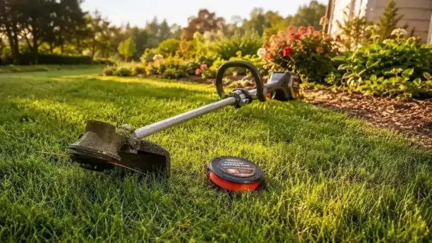 Woman in garden gloves examining a cordless string trimmer near a brick edging border on a sunny morning