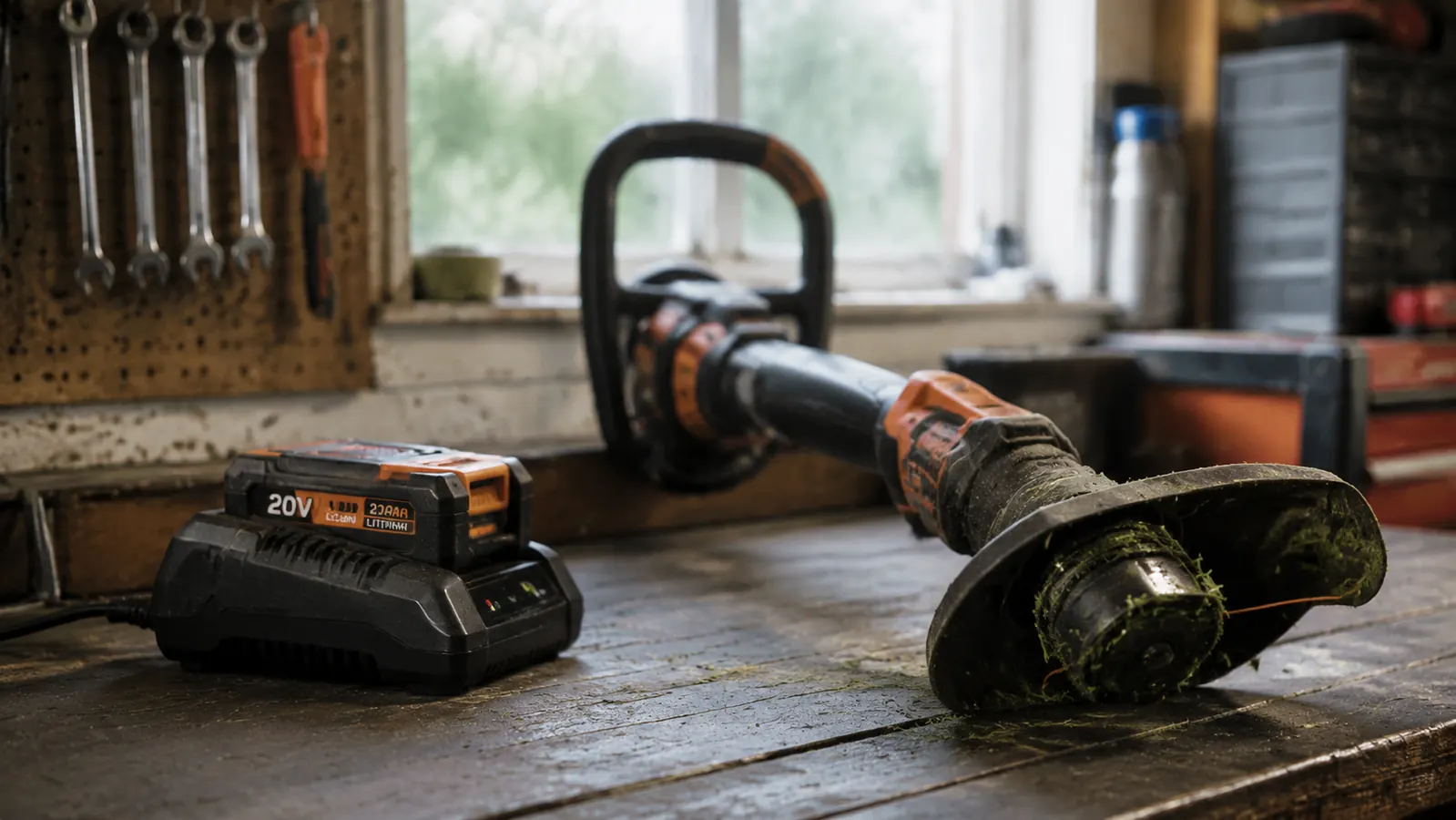 Person storing a cordless string trimmer on a garage wall hook alongside other battery-powered garden tools