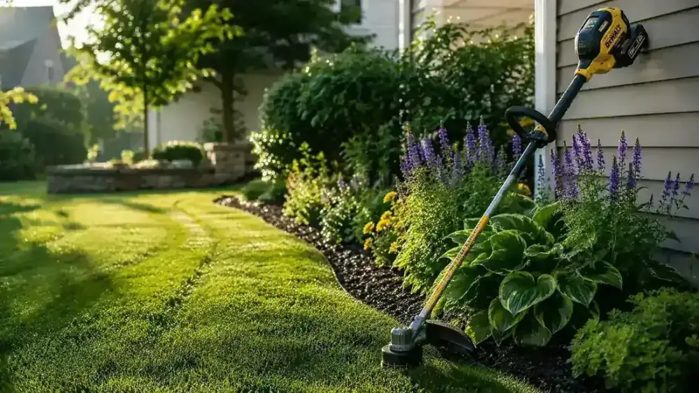 Woman trimming lawn edges along a brick walkway on a sunny morning, green grass and flower beds visible