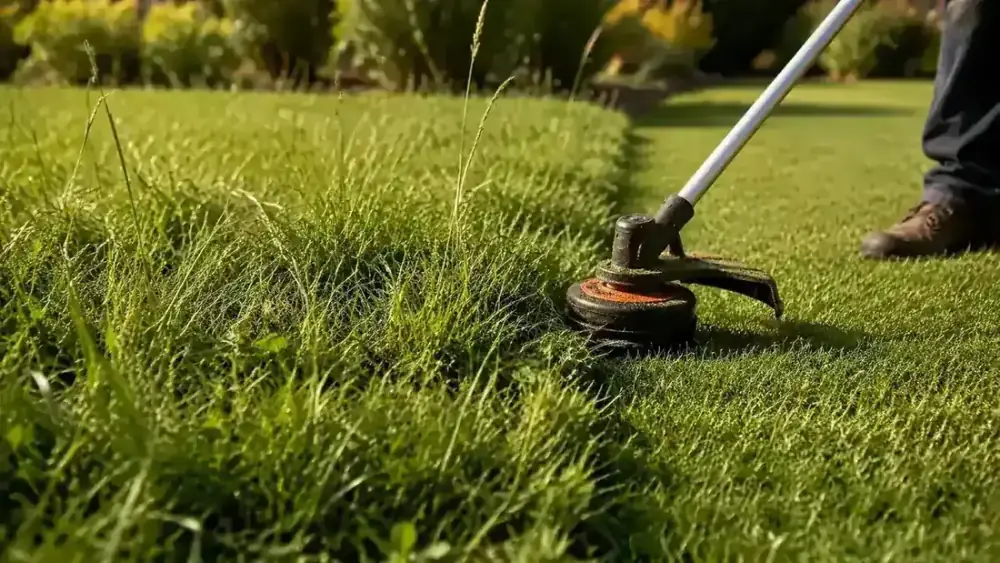 Homeowner walking along a neat lawn edge in the early morning, grass crisp and defined against a brick path