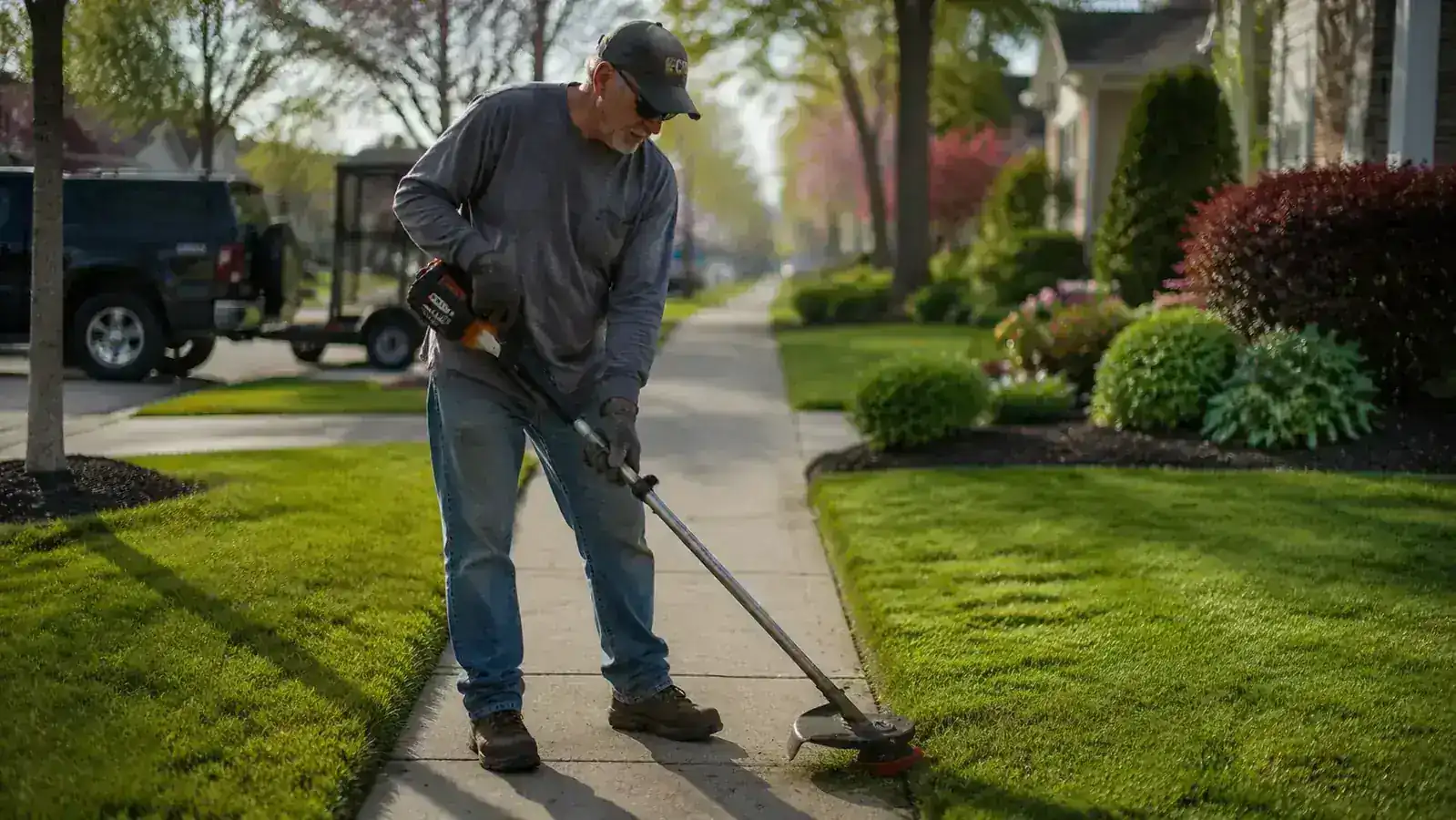 Crisp lawn edge along a concrete driveway showing clean trimmer line after edging with a cordless trimmer