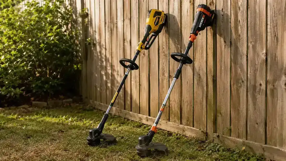 Person trimming grass along a brick walkway border with a cordless string trimmer on a sunny morning