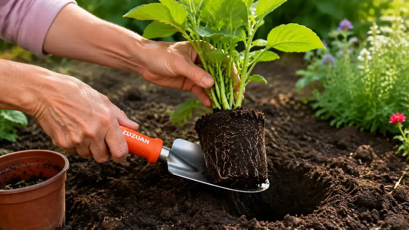 ZUZUAN cultivator being pulled through compacted soil between rows of low plants, weeds caught on the tines