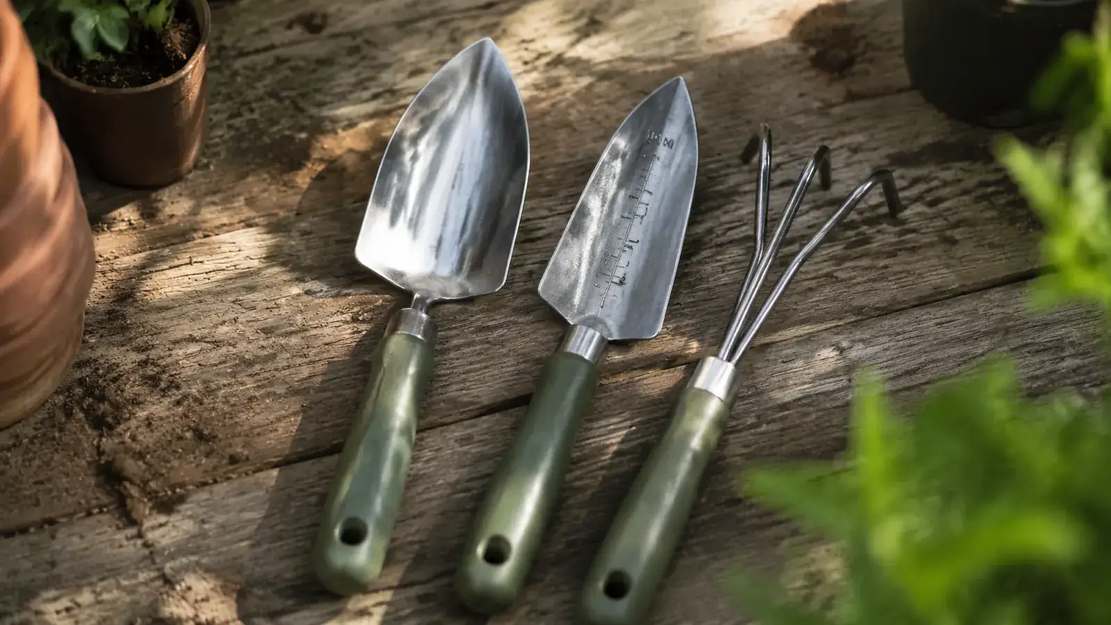 ZUZUAN garden tool set box opened on a wooden garden table with the three aluminum tools arranged beside it in morning light