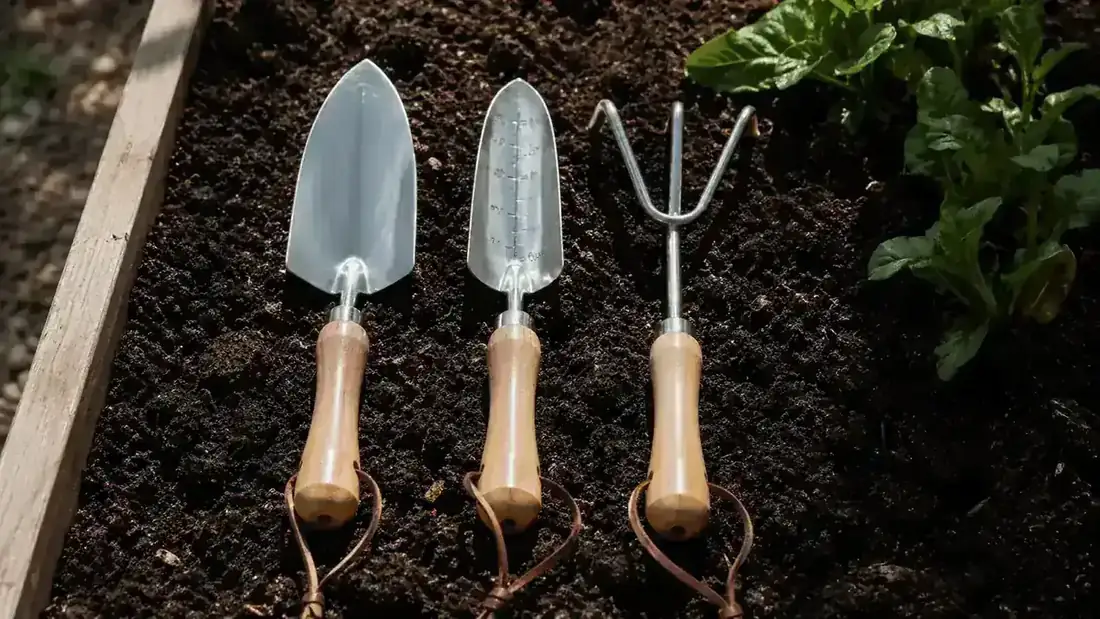 Three ZUZUAN aluminum garden hand tools laid out on a weathered wooden potting bench with fresh soil and small seedling pots in the background