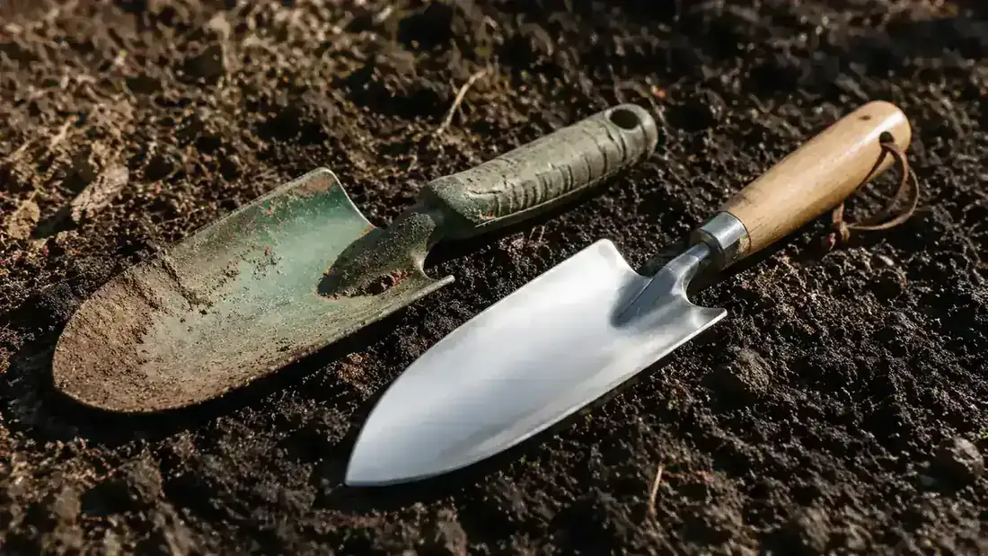 Gardener using a hand cultivator to loosen clay soil around established perennial plants in a home garden bed