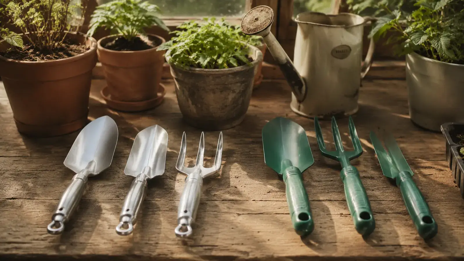 ZUZUAN 3-piece aluminum garden hand tools laid out on a wooden potting bench next to a clay pot of seedlings